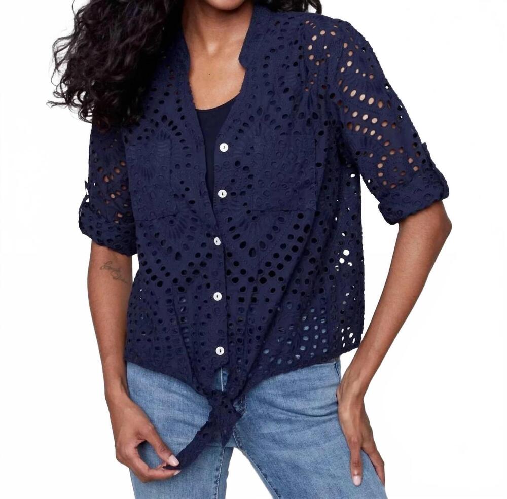 NEW CHARLIE B eyelet embroidery tie front blouse in marine